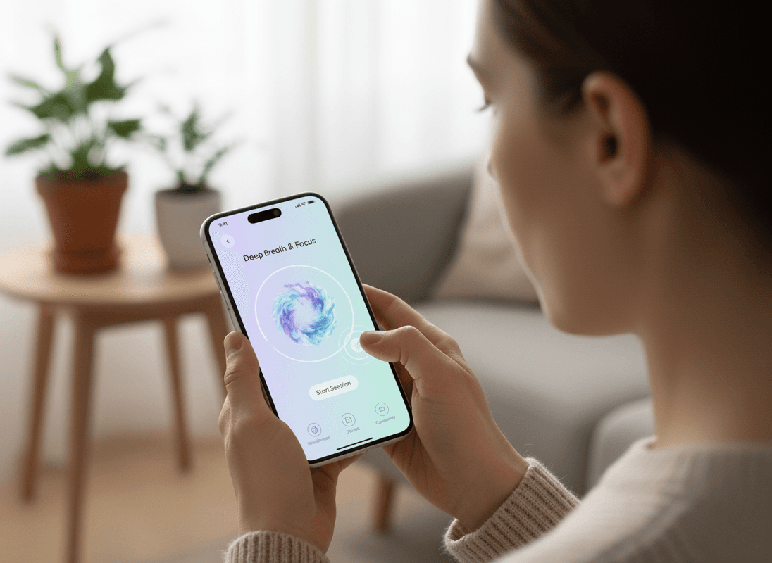 User interacting with a calming mental health app interface designed with empathetic UX strategies