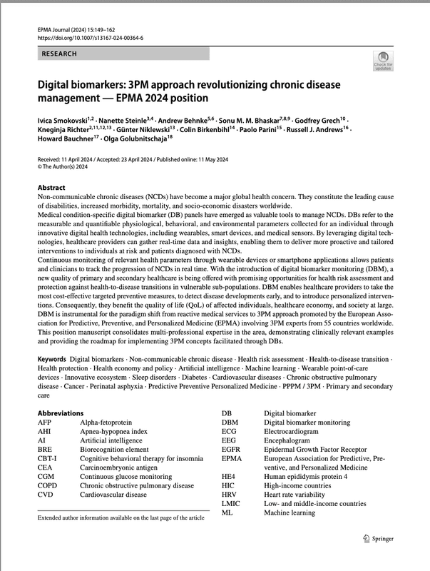 Digital biomarkers: 3PM approach revolutionizing chronic disease management - EPMA 2024 position
