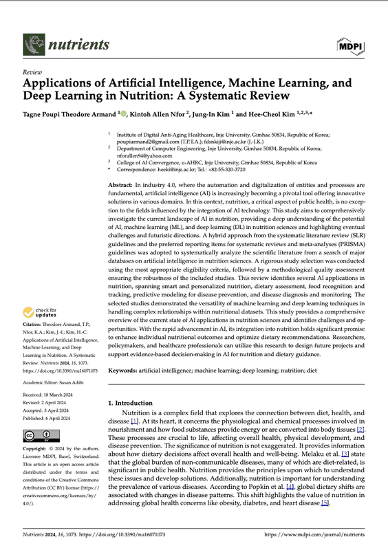 Applications of Artificial Intelligence, Machine Learning, and Deep Learning in Nutrition- A Systematic Review